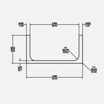 Channel RF 4 X 2 X 0.25 X 0.187 X 0.375 6061-T6 Mill Finish 20ft