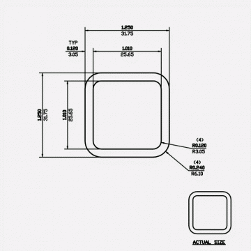 Square Tube RC 1.25 X 0.12 X 0.24 X 0.12 6061-T6 Mill Finish 20ft