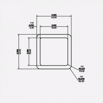 Square Tube RC 2.5 X 0.25 X 0.25 X 0.125 6061-T6 Mill Finish 20ft