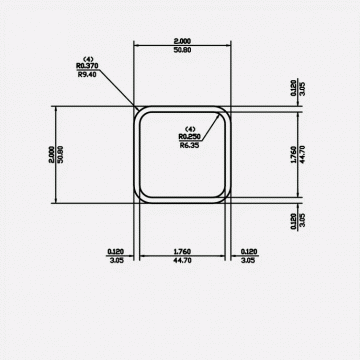 Square Tube RC 2 X 0.12 X 0.37 X 0.25 6061-T6 Mill Finish 20ft