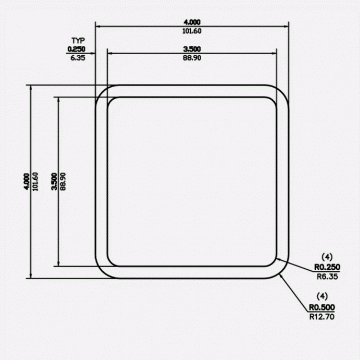 Square Tube RC 4 X 0.25 X 0.5 X 0.25 6061-T6 Mill Finish 20ft